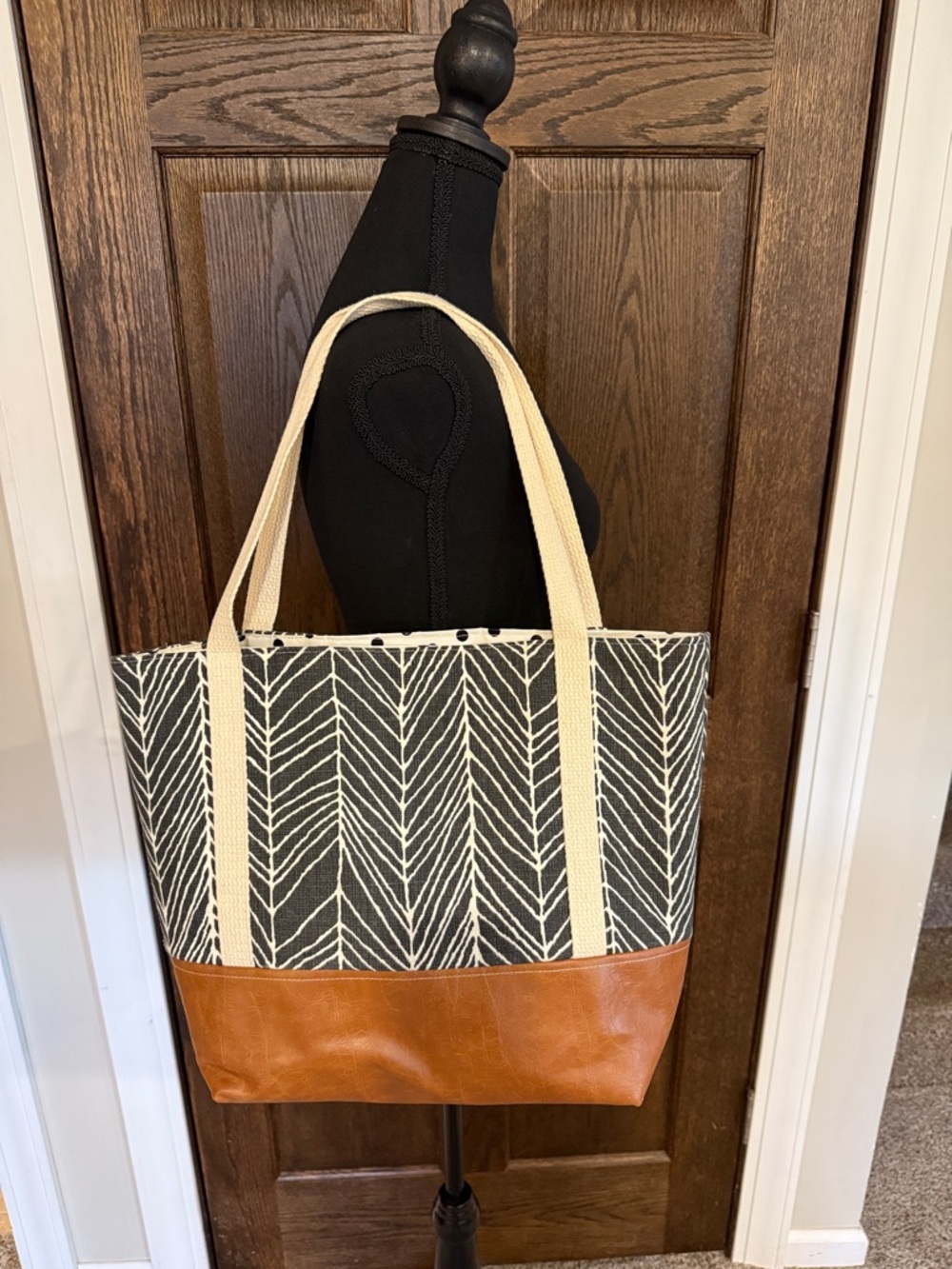 Canvas Tote Bag with Leather Base - Black & Tan
